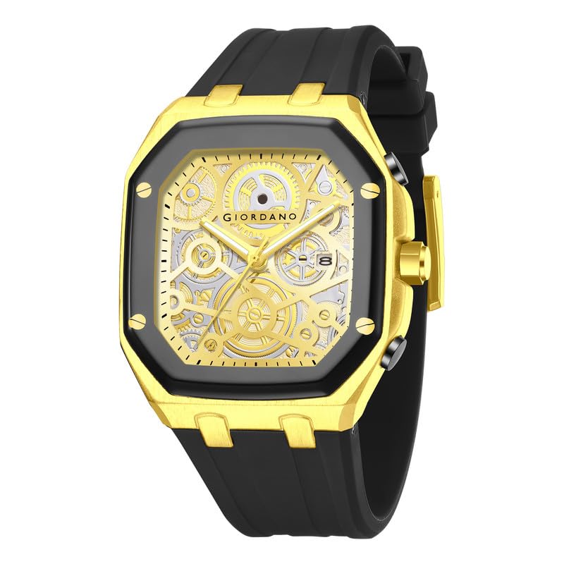 Image of Giordano Analog Quartz Watch for Men with Octagonal Skeleton Dial, Exposed Gear Design, Date Display and Silicone Strap - GZ-50221