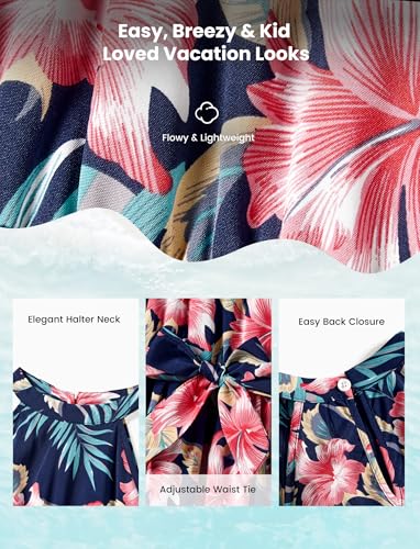 Image of PATPAT Family Hawaiian Matching Outfits - Mommy and Me Vacation Outfits | Halter Sundresses and Button Down Shirts,Caribbean Vacation Summer Tropical Outfits,Hawaiian Boho Tropical Floral Printed