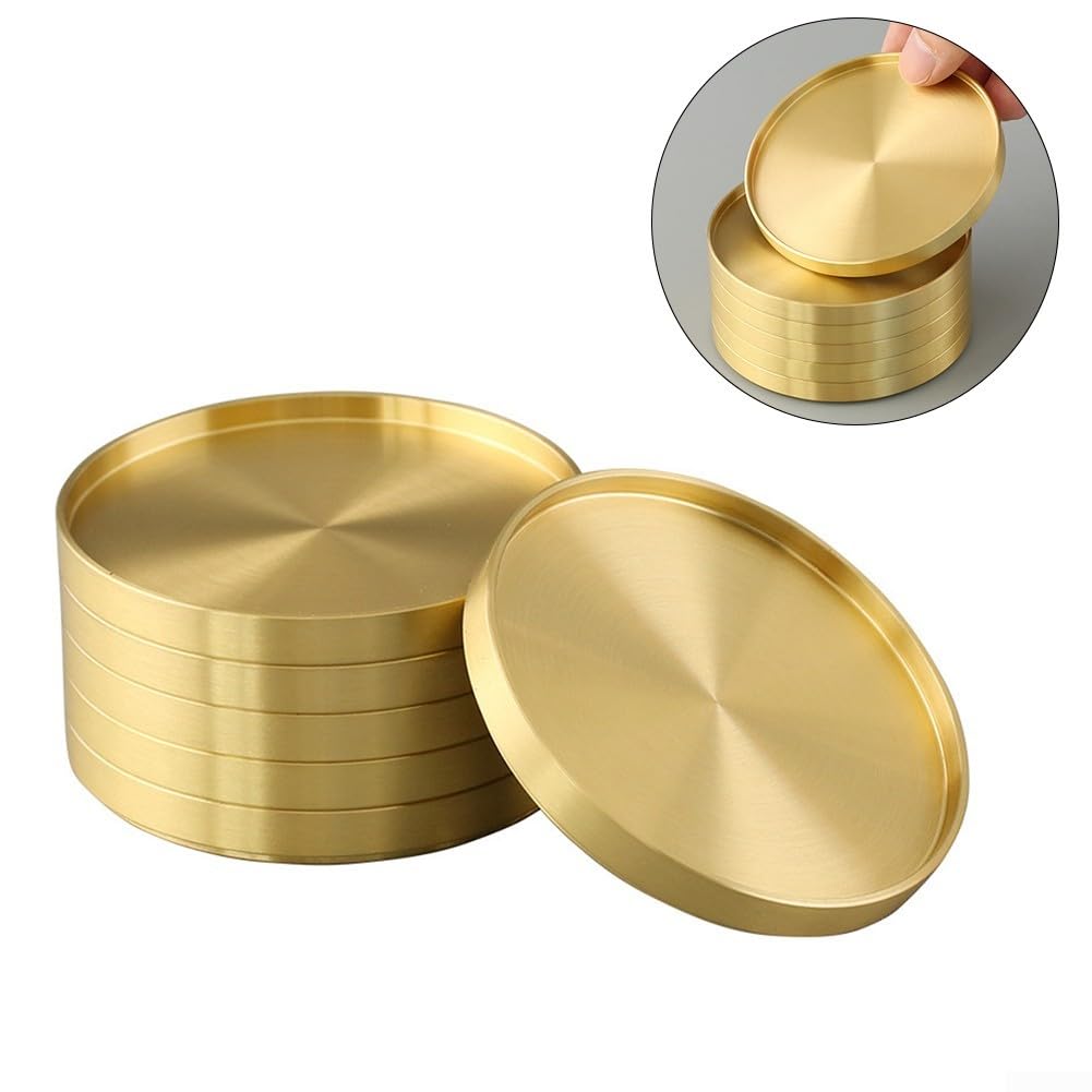 Posavasos redondos de latón, paquete de 6 posavasos de metal dorado para tazas de café, vasos de cerveza, decoración del hogar, 10 cm (6 unidades)