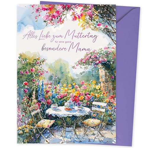 Absolutely Yours Muttertagskarte für Mama Grußkarte mit Gartentisch-Motiv inkl. Umschlag 210 × 148 mm mit pink foliertem Text.