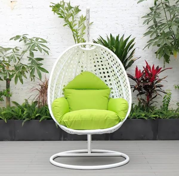 OMANSH Single Seater Swing Chair with Stand & Cushion Outdoor Indoor Balcony Garden Patio,Powder Coated Iron Frame,Uv Protected Wicker,Premium Cushion(1 Year Warranty) (White-Green)-image-41