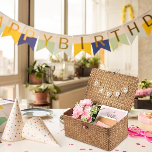 Image of Geelin Sea Grass Wedding Card Basket With Letter Flag Decorative Wedding Card Woven Post Box Suitable For Baby Showers Birthdays Graduation Ceremonies Bridal Showers(11 Inch,Coffee)