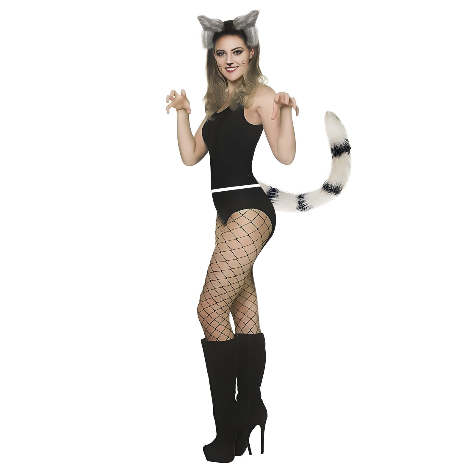 JIAHG 2Pcs Fuzzy Faux Fur Cat Ears Tail Set Plush Cute Adult Animal Wolf Fox Headband Tail Halloween Costume Accessories Dress Up Party Cosplay Prop for Carnival Festival Stage Performance (Gray) - Image 2