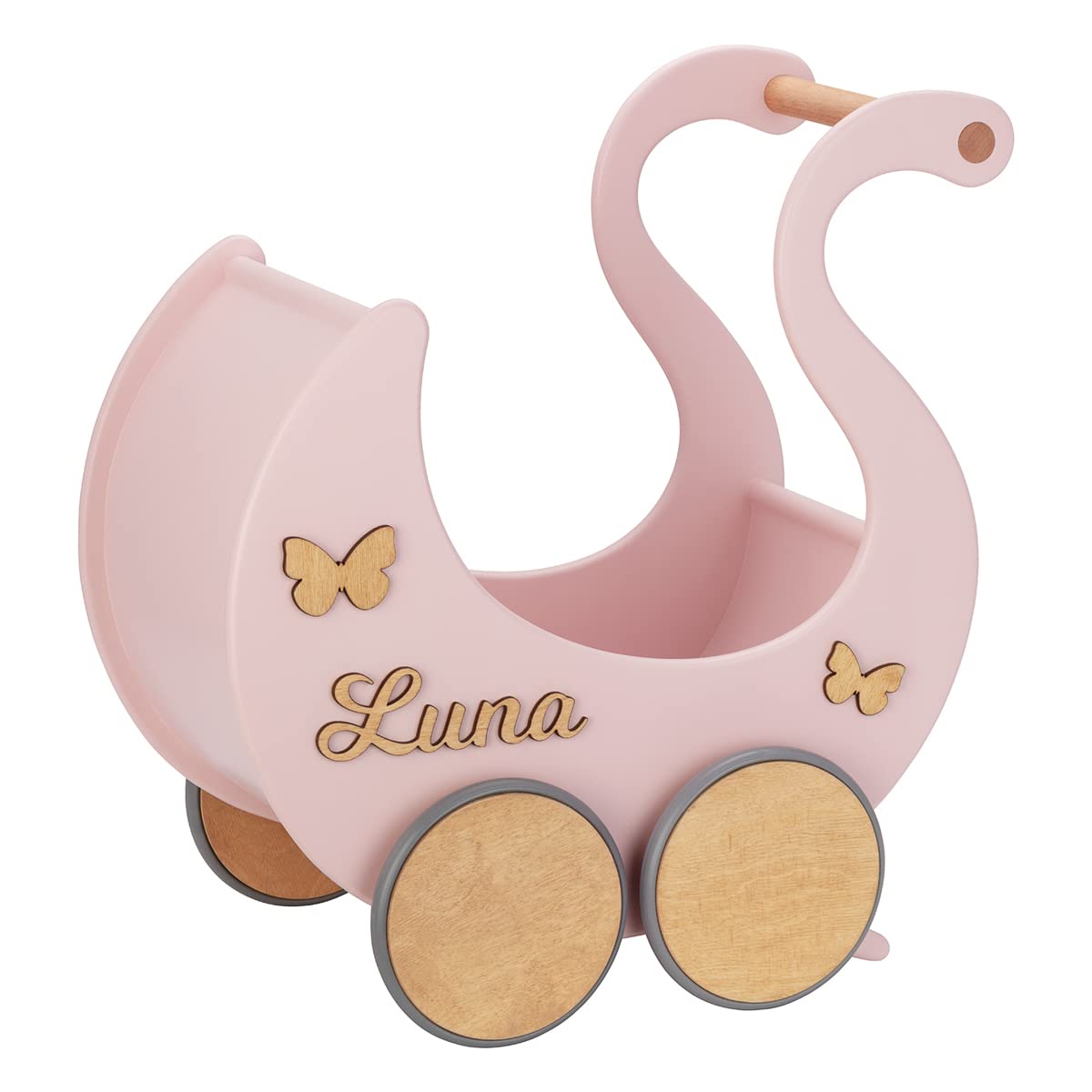 Puppenwagen ab 1 Jahr - Individuell mit Namen - Handgefertigter Puppenwagen - Holzpuppenwagen - Sicher Abgerundete Kanten - Ausdrucksstarke und Schöne Farben (Puderrosa)