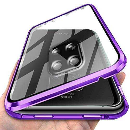 XTCASE Funda para Huawei Mate 20 Pro Magnética Carcasa con Protección de la Cámara, 360 Grados Cuerpo Completo Protección [Delantera y Trasera Vidrio Templado] [Marco de Metal Bumper] - Púrpura