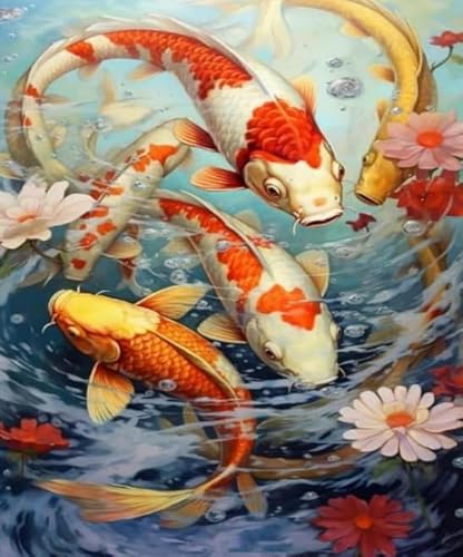 XFENDOUDOU Completi per bambini da ricamare punto croce Fiore Koi Embroidery Starter Kit per Decorazione Domestica 16x20inch