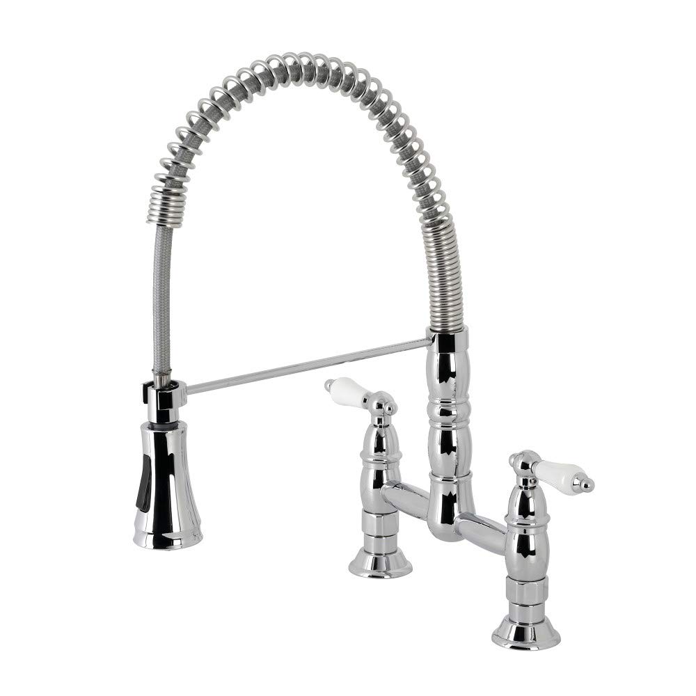 Kingston Brass Polished Chrome Gs1271pl Heritage Two-Handle Deck-Mount Pull-Down Sprayer Kitchen Faucet,