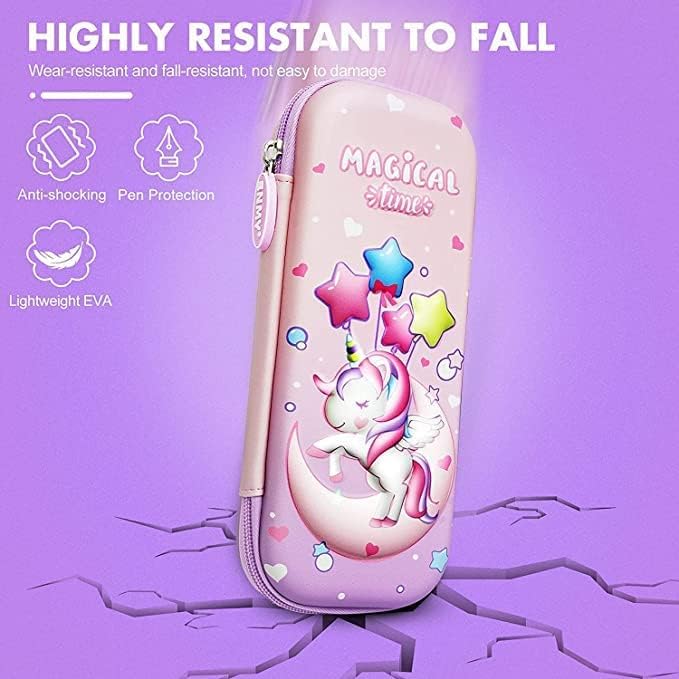 Image of 3D Unicorn Cover Large Capacity Pencil Case Compass with Compartments, School Supply Organizer for Students, Stationery Box, Cosmetic Zip Pouch Bag (Unicorn-Moon Pouch)