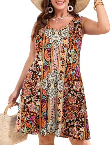 Image of JollieLovin Women Plus Size Curvy Summer Tank Sun Dresses Sleeveless Causal T-Shirt Dress Beach Swing Cover up(L-5X)