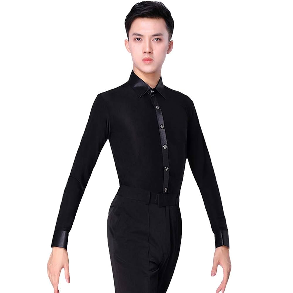 社交ダンス衣装　男性ラテン用サテン襟付きジャケット　ブラック メンズ ラテンタキシード（S・M・L・LL） ブラック MS352 ストレッチ