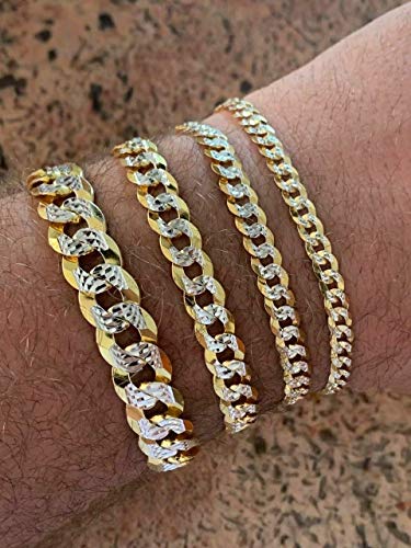 HarlemBling Mens Or Ladies Cuban Link Bracelet - 14k Yellow Gold & Solid 925 Sterling Silver Two Tone Diamond Cut - 5mm 6mm 8mm 10mm - 7-9" - Made In Italy Miami Cuban Bracelet2