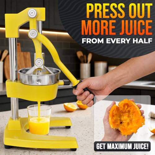 Image of Cast Iron Juicer Hand Press, Heavy-Duty Squeezer (Yellow) | Lever Manual Citrus Press Juicer & Orange Squeezer for Lemon, Lime & Lemonade; Steel Cone & Strainer; for Home or Bar