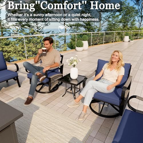 Image of 7-Piece Outdoor Furniture Set, Metal Swivel Rocking Chairs with All-Weather Cushions, Patio Conversation Set with Fire Pit Table for Deck, Porch, Garden, Backyard, Poolside (Blue Cushions)