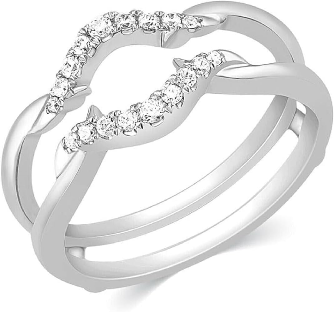14K White Gold Finish Round Cut White Diamond Double Row Engagement Wedding Enhancer Wrap Ring Guard for Women's