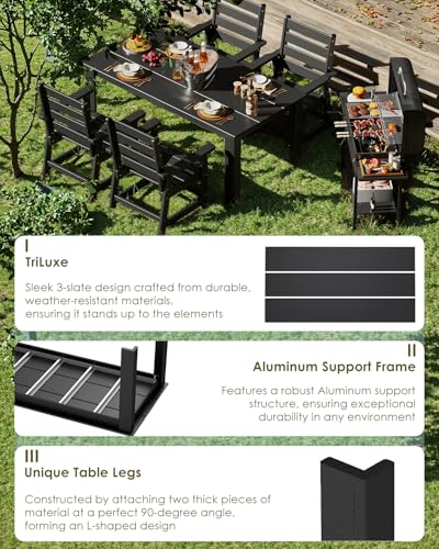 Image of GREENVINES Outdoor Dining Table | 67'' | HDPE | Rectangle Tables for 6 | All-Weather | Umbrella Hole | Patio Furniture | for Poolside Backyard Garden | Black