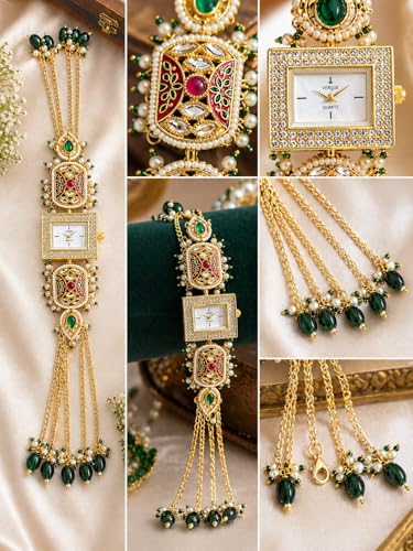 Image of Traditional Kundan Meenakari Bracelet Watch for Women | Ethnic Jewellery Analog Watch | Gold Plated Chain Designer Watch for Girls & Women