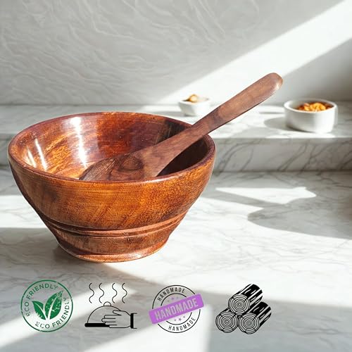 Image of Sheesham Wooden Serving Bowls with Spoons - Set of 6 | Multipurpose Small Bowls for Snacks, Spices, Chutney, Pickles, Kitchen & Dining Use
