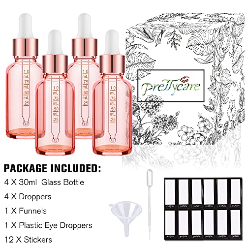 PrettyCare 4 Pack 1oz Dropper Bottles for Essential Oils with Labels, Funnel & Measured Pipettes, 30 ml Leak Proof Rose Glass Essential Oils Bottles- Empty Tincture Bottles for Personal Care & Beauty