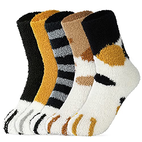 5 Pairs Women Fuzzy Socks - Warm Cat Socks Fluffy Socks Soft Cat Paw Socks Cozy Socks Winter Plush Slipper Socks for Women