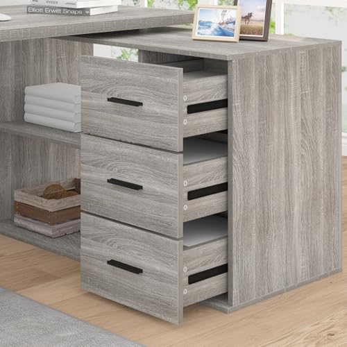 Image of HSH Grey L Shaped Computer Corner Desk with 3 Storage Drawers 55 inch
