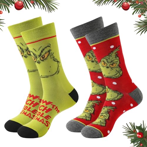 KOIROI 2 Paires Chaussette de Noël Femme Homme, Fantaisie Chaussettes, Fantaisie de Noël, Chaussettes Chaudes Hiver, Cadeau de Noel Femme Homme (A-2)