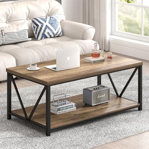 FOLUBAN Coffee Table with Storage Shelf, Modern Industrial Metal and Wood Living Room Table, Small Rectangle Cocktail Tea Table for Bedroom Home Office, Rustic Oak, 39.3 Inch