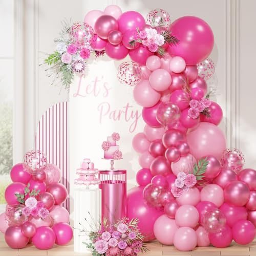 QIFU Hot Pink Balloons Arch Kit 113pcs Hot Pink Balloon Garland Arch 5 10 12 18inch with Confetti Balloon Helium Birthday Balloon for Girls Women Princess Birthday Party Baby Shower Gender Reveal