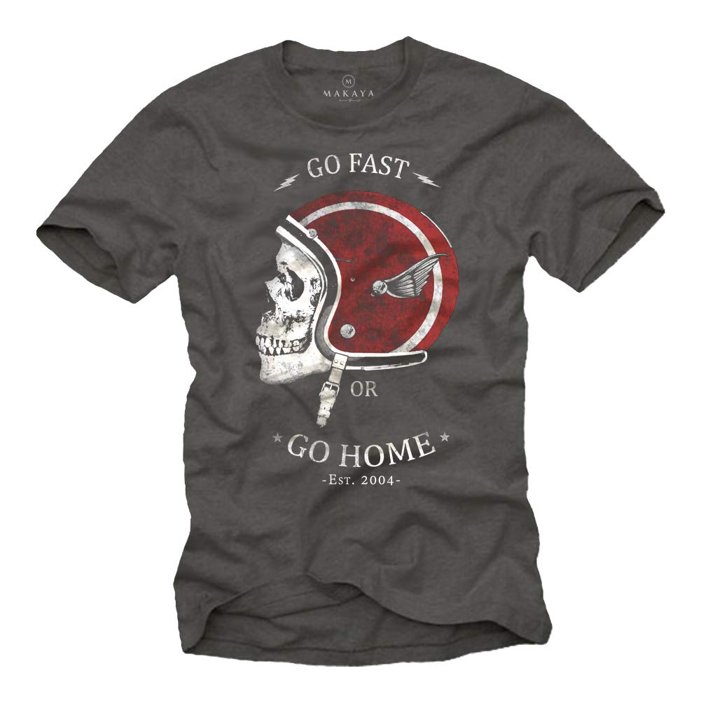 Makaya Men's Grey Vintage Biker Clothing - Motorcycle Helmet With Skull - T-Shirt Size Xxxxl