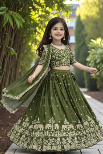 Image of Kids Chiffon Lehenga Choli, Embroidered Elephant and Floral Print, Festive Ethnic Wear with Dupatta