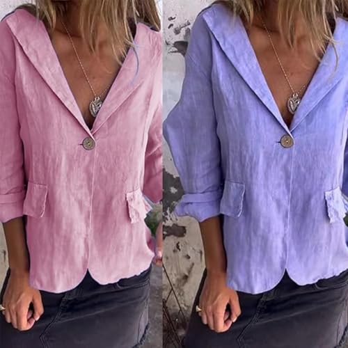 Cotton and Linen Casual Lapel Single-Button Thin Coat, 3/4 Sleeve Linen Blazer Women4