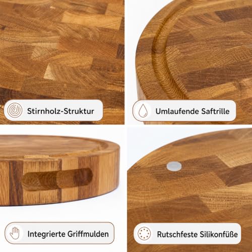 B4K® 35х35х4cm Küchenbrett aus Eiche Stirnholz | Antibakterielles Hirnholzbrett mit Griffen, Silikonfüßen und Saftrille… – Ansicht 3