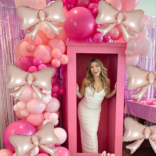 Image of 6 Pieces Pink Bow Balloons, Macaron Pink Matte Metallic Bow Foil Balloons for Girls Women Bowtie Birthday Party, Baby Shower, Gender Reveal Party, Balloon Garland Accessories