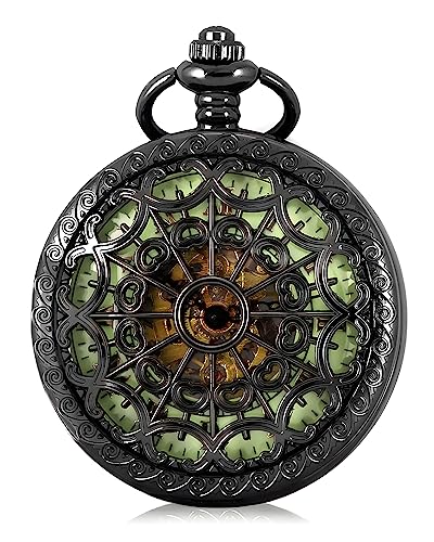 Carrie Hughes Mens Cobweb Black Steampunk Skeleton Pocket Watch with Chain in Box CHPW4