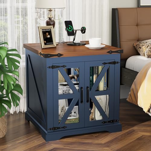 Yusong-Farmhouse-End-Table-with-Charging-Station-24-Large-Sofa-Side-Table-with-Glass-Barn-Door-Blue-Nightstand-with-Adjustable-Storage-Shelf-Rustic-Wood-Bedside-Table-for-Living-Room-Bedroom Yusong Farmhouse End Table with Charging Station 24 Large Sofa Side Table with Glass Barn Door Blue Nightstand with Adjustable Storage Shelf Rustic Wood Bedside Table for Living Room Bedroom