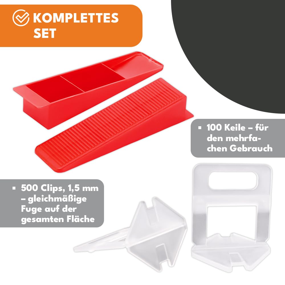 KRUMAD Sistema di livellamento per piastrelle da 1 mm, set con 500 linguette e 100 cunei, per una posa precisa delle piastrelle con una larghezza di fughe, strumento per fughe uniformi di piastrelle