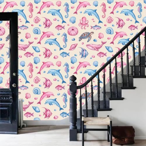 Fresque murale intissée vie marine aquarelle crème 250x175cm pour salon et chambre
