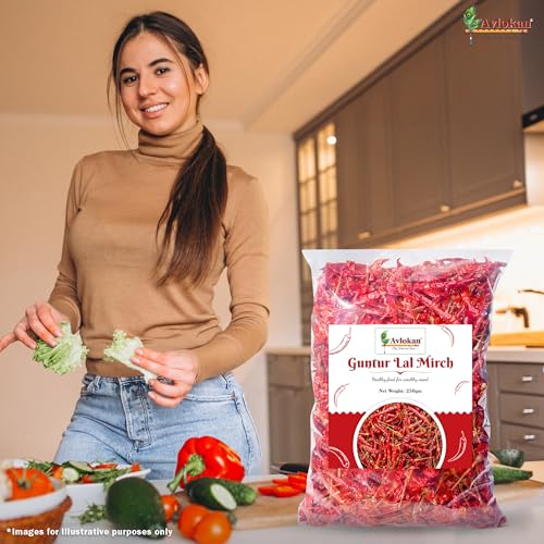 Image of Avlokan Guntur Red Chilli Whole with Stem - 100% Natural, Hot & Spicy Dried Red Chilli | Guntur Sabut Lal Mirch Guntur Withstem Red Chilli, 250 grams