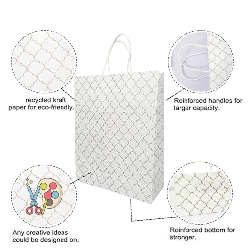 Image of Aakriti Craft Paper Bags - Elegant White Gift Bags with Geometric Design & Rope Handles | Small Boutique Shopping Bags for Retail, Gifts & Merchandise (10 PCS, 10x8x3 Inch)