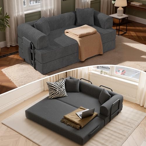 Convertible Coarser Corduroy Sleeper Sofa Bed with Cylindrical Pillow, Folding