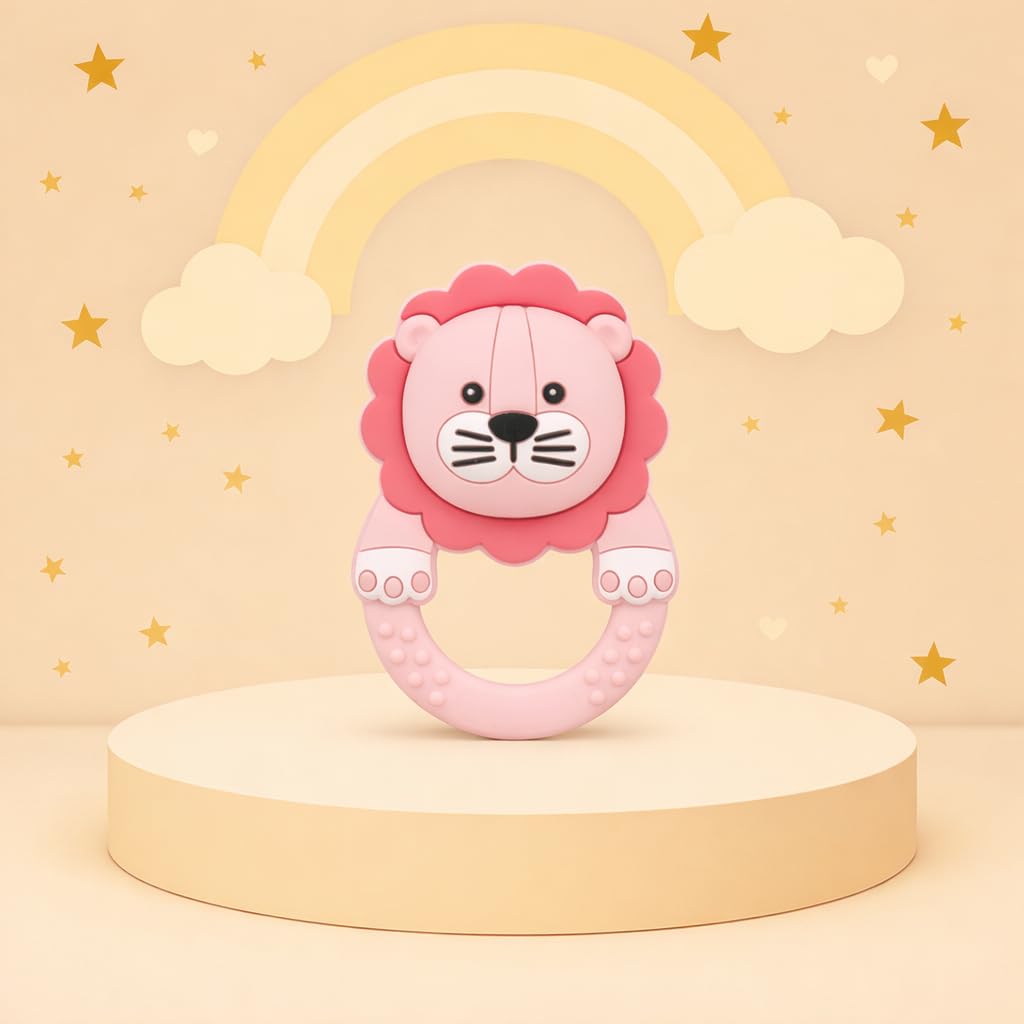 Baby Soft Silicone Chewing Attractive Shape Rattle Teether BPA Free for Teething Molar Teeth Gums Relief 6 to 12 Months (Lion Pink)-image-0