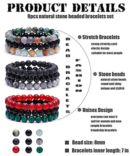 Bomail 9Pcs 8Mm Natural Stone Beaded Bracelet Set For Men Women Semi-Precious Gemstone Beads Bracelets Matte Lava Rock Volcanic Tiger Eye Stone Yoga Healing Energy Crystal Stretch Bracelets Set #TOP1
