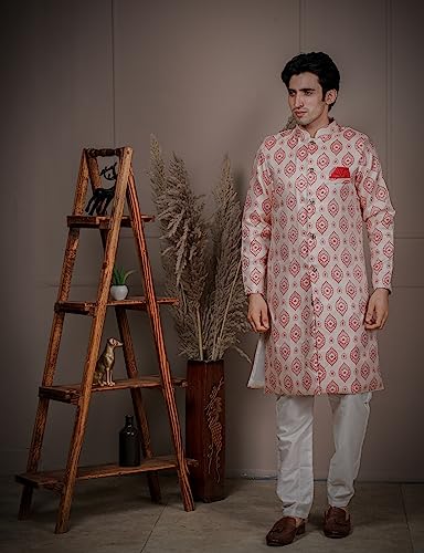 Image of Amzira Men's Soft Cotton Indo Western Kurta Pyjama Set with Mandarin Collared Neck Long Sleeves Button Closure and Solid Pant