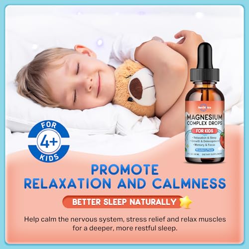 Image of Magnesium Glycinate Liquid for Kids, Kids Magnesium Drops with L-Theanine, Calcium, Zinc, Vitamin D3 K2 for Sleep, Calm, Mood, Relaxation, Focus, Brain, Bones, Strawberry Flavor 2 Fl Oz