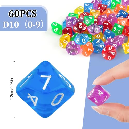 Polyedrische Würfelset, 60PCS Acrylic Dice Set, D10 Spielwürfel Würfel Bunt für D&D/RPG/MTG Table Games, Board Game, Card Game, Role Play für Unterhaltungsaktivitäten, Familientreffen, Freizeitlokale