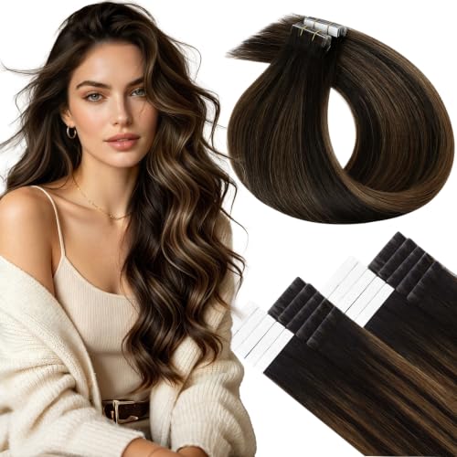 Image of LaaVoo Invisible Seamless Tape in Hair Extensions Injected Tape in Staright Hair Extensions Tape on Real Human Hair Extension Balayage Darkest Brown to Ash Brown 20 Inch 50g 20Pcs
