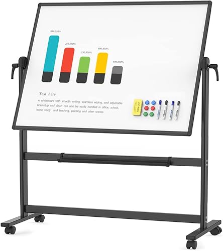Miniatura 2 de VIZ-PRO Pizarra blanca móvil magnética de doble cara de 72 x 40 pulgadas, marco y soporte de aluminio negro, con 12 marcadores