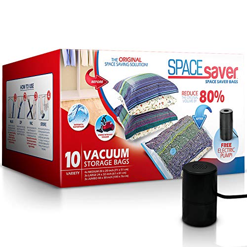 Spacesaver Premium Vacuum Storage Bags. 80% More Storage! Electric Pump for Travel! Double-Zip Seal and Triple Seal Turbo-Valve for Max Space Saving! (Variety 10 Pack)