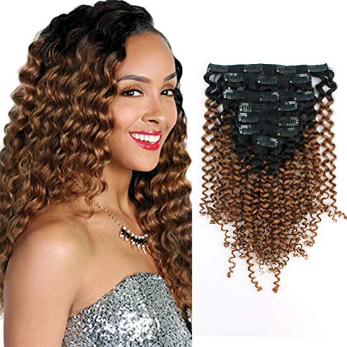 Lovrio 9A Grade 3A 3B Afro Jerry Curl Clip in Hair Extensions Remy Virgin Human Hair Ombre Tone Natural Black Fading into Light Auburn JCTN/30 7 Pcs 17 Clips 120g 16"