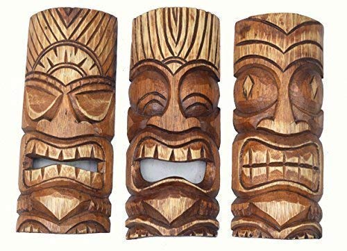 Interlifestyle 3 Tiki Máscaras 30cm IM Hawai Estilo Juego de 3 Máscara de Madera Máscara de Pared Mares del Sur Tribal
