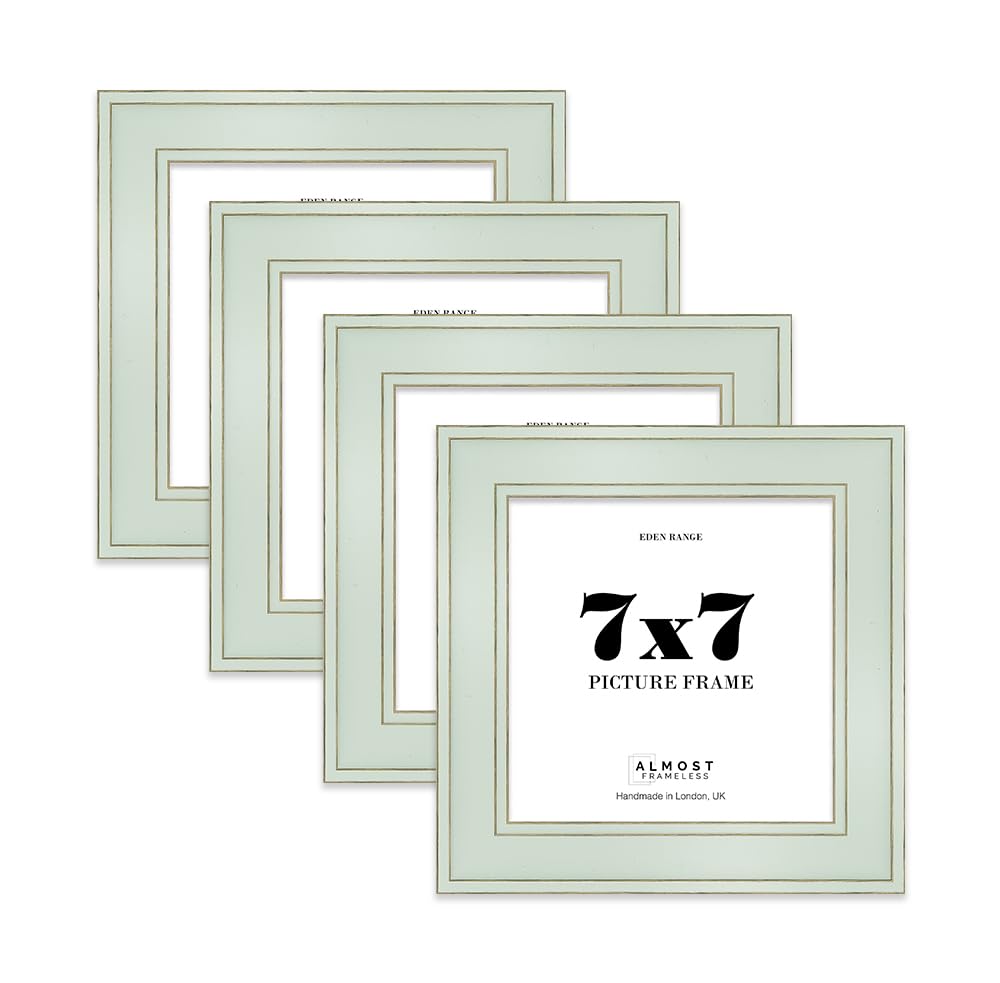 7x7 Sage Green Picture Frame - Shabby Chic Photo Frame with Distressed Finish, Gold Trim, Wall Hooks and Kickstand, 37mm Edge - 4 Pack